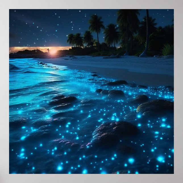 Blue Bioluminescent Beach & Palm Trees Poster (Front)