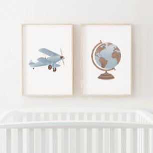 Blue Biplane and Globe Travel Nursery Decor Wall Art Sets