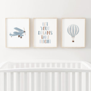 Blue Biplane Hot Air Balloon Travel Nursery Decor Wall Art Sets