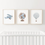 Blue Biplane Hot Air Balloon Travel Nursery Decor Wall Art Sets<br><div class="desc">Add a finishing touch to your little one's travel themed space with this set of three watercolor biplane,  hot air balloon,  and globe prints.</div>