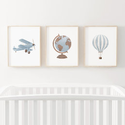 Blue Biplane Hot Air Balloon Travel Nursery Decor Wall Art Sets