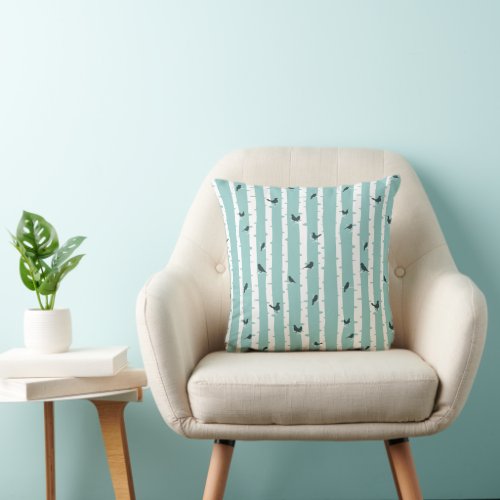 Blue Birch Tree And Birds Throw Pillow