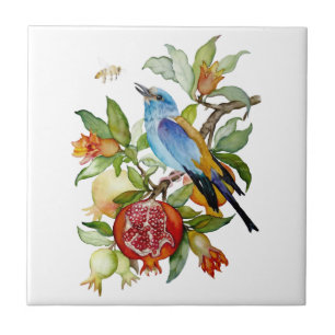 Blue Bird Among Pomegranates Watercolor Botanical Ceramic Tile