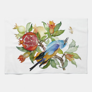Blue Bird Among Pomegranates Watercolor Botanical Kitchen Towel