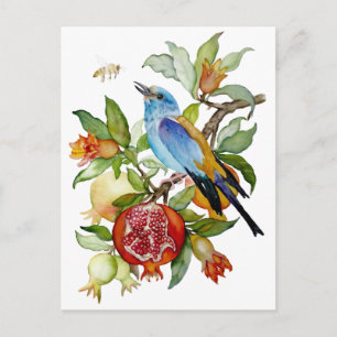 Blue Bird Among Pomegranates Watercolor Botanical Postcard