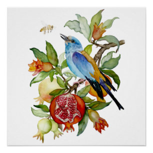 Blue Bird Among Pomegranates Watercolor Botanical Poster