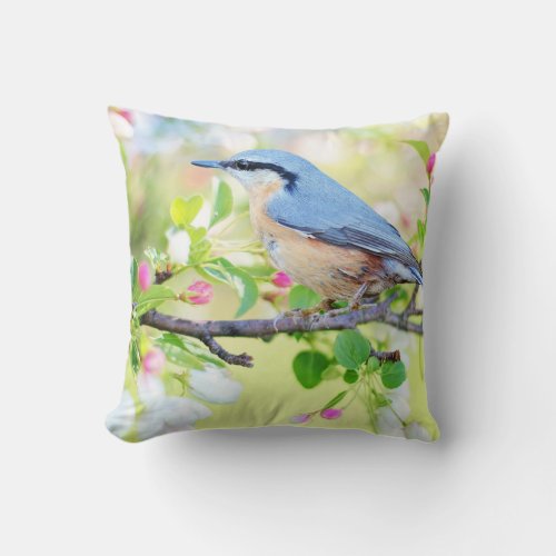 Blue  Bird and Apple Blossoms Throw Pillow