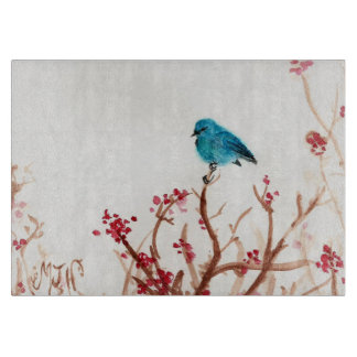 Blue Bird and Berries Glass Cutting Board 11.5 x 8