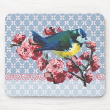 Blue Bird And Cherry Blossom Mouse Pad by jardinsecret at Zazzle
