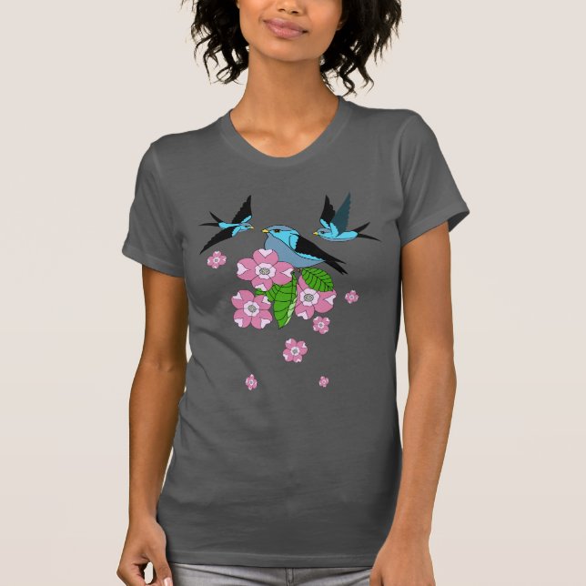 Blue bird and dogwood flowers - folk art - design T-Shirt (Front)