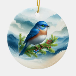 Blue Bird and Holiday Boughs Ceramic Ornament