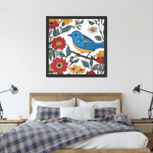 Blue Bird and Wildflower Folk Art Framed Art