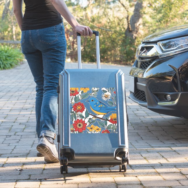 Blue Bird and Wildflower Folk Art Sticker (Suitcase Insitu)