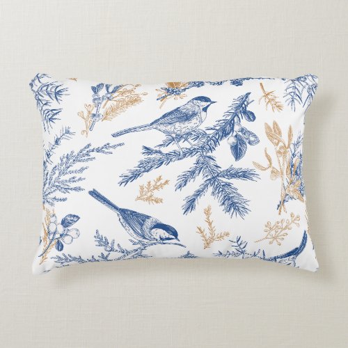 Blue Bird and Winter Botanical  Accent Pillow