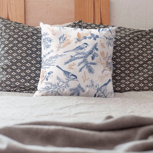 Blue Bird and Winter Botanical  Throw Pillow