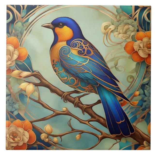 Blue Bird Art Nouveau Art Deco Orange & Mint Ceramic Tile (Front)