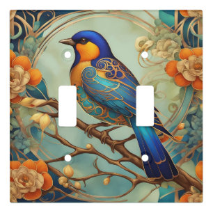 Blue Bird Art Nouveau Art Deco Orange & Mint Light Switch Cover