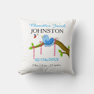 Blue Bird Baby Birth Announcement Throw Pillow