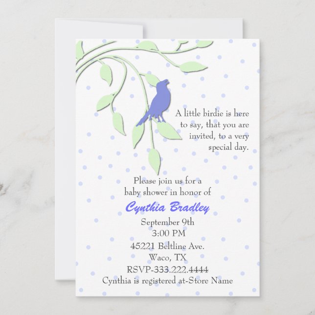 Blue Bird Baby Shower Invitation (Front)