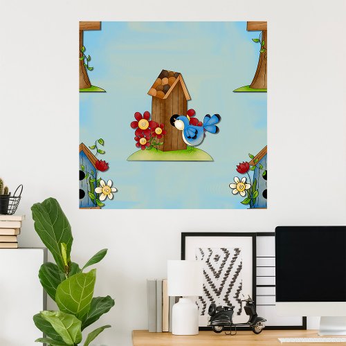 Blue Bird Birdhouse Poster