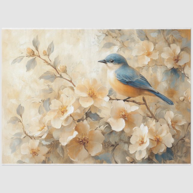 Blue Bird Blossoming Tree Painting Decoupage Tissue Paper (Front)