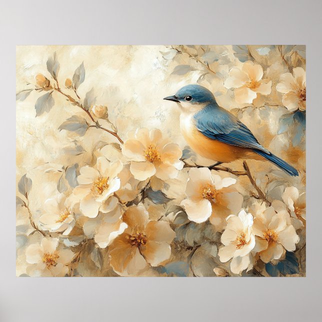 Blue Bird Blossoming Tree Painting Poster (Front)