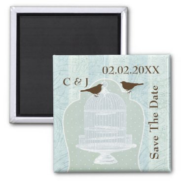 blue bird cage, love birds save the date magnets