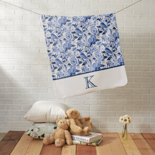 Blue Bird Chinoiserie Monogram Baby Blanket
