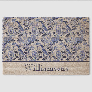 Blue Bird Chinoiserie Monogram Name Fiber Doormat