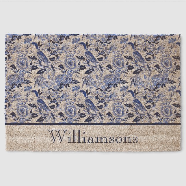 Blue Bird Chinoiserie Monogram Name Fiber Doormat (Front)