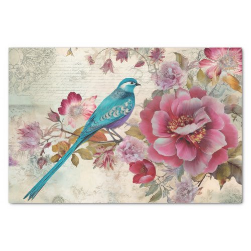 Blue Bird Colorful Floral Background Decoupage  Tissue Paper