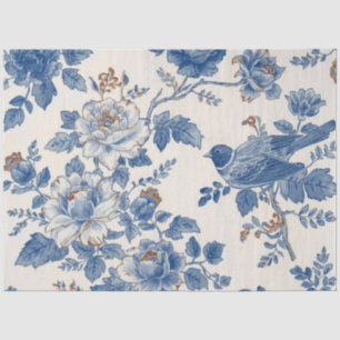 Blue Bird Cream White Flowers Decoupage Tissue Paper
