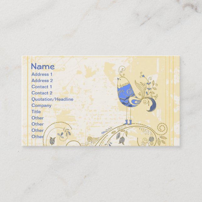 Blue Bird Cute Girly Retro Floral Business Card (Front)