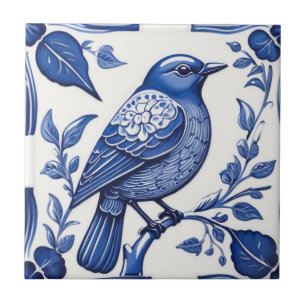 Blue Bird Delft Blue & White Asian Floral Bluebird Ceramic Tile