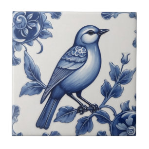 Blue Bird Delft Blue & White Asian Floral Bluebird Ceramic Tile