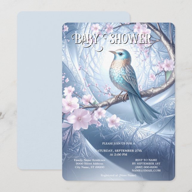 Blue Bird Floral Baby Shower Invitation (Front/Back)