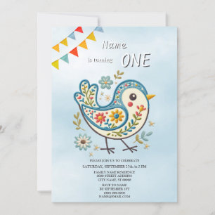 Blue Bird Floral Birthday Party Invitation