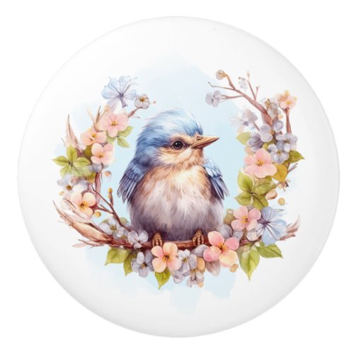 Blue Bird Floral Ceramic Knob