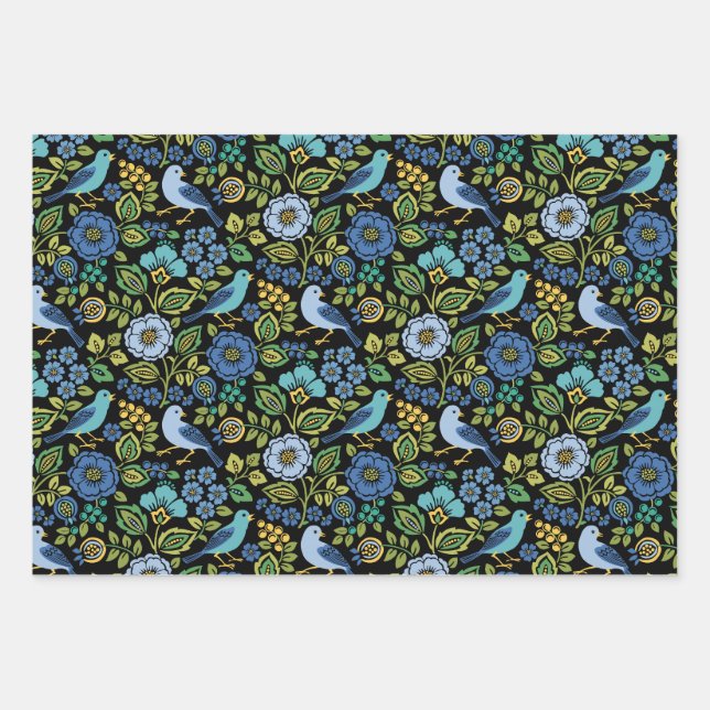 Blue Bird Floral on Black Wrapping Paper Sheets (Front)