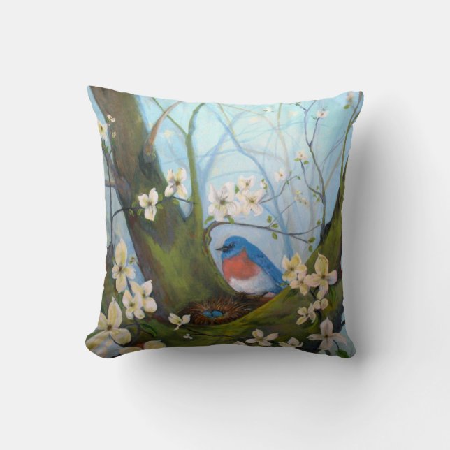Blue Bird Floral Throw Pillow (Front)