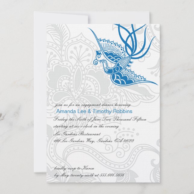 Blue Bird & Floral Wedding Engagement Party Invite (Front)