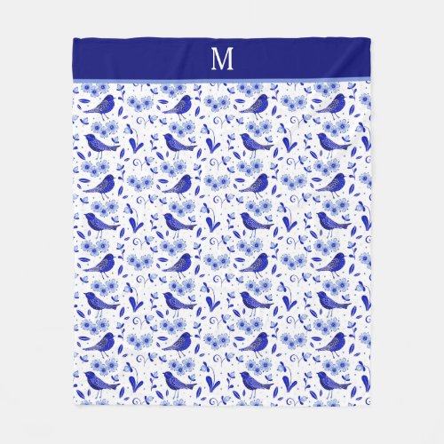 Blue Bird Folk Art Pattern Monogram Fleece Blanket