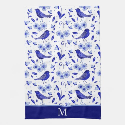 Blue Bird Folk Art Pattern Monogram Kitchen Towel