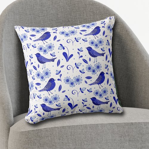 Blue Bird Folk Art Pattern Throw Pillow