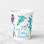 Blue Bird Forget Me Not Floral 70th Birthday Paper Cups<br><div class="desc">Birthday party paper cups with a cute little birdie and forget-me-not flowers designed paper cup for your friend's birthday who is a bird or garden lover. Forget me not flowers and colorful birds surround the happy birthday text that you can customize. The charming little forget-me-not flower is loved all over...</div>