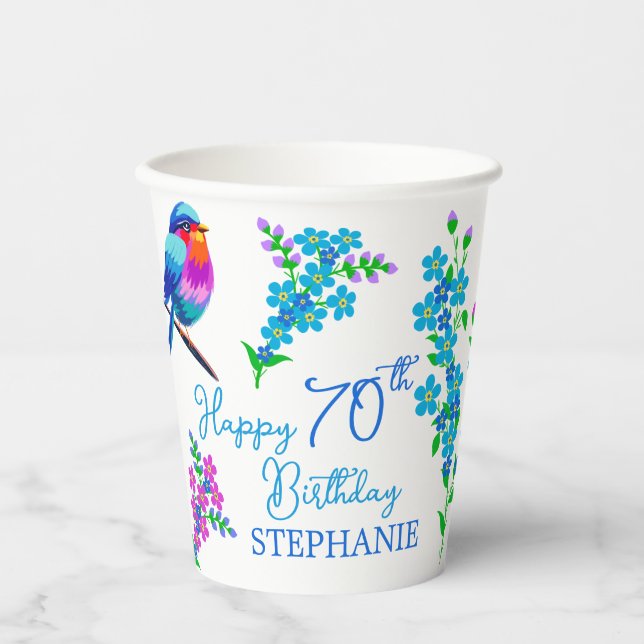 Blue Bird Forget Me Not Floral 70th Birthday Paper Cups (Front)