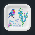 Blue Bird Forget Me Not Floral 70th Birthday Party Paper Plates<br><div class="desc">A birthday paper plates with a cute little birdie and forget-me-not flowers designed for your friend who is a bird or garden lover. Forget me not flowers and colorful birds surround the happy birthday text that you can customize. The charming little forget-me-not flower is loved all over the world. Tiny,...</div>