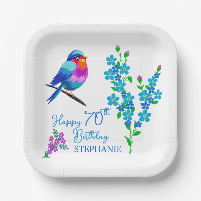 Blue Bird Forget Me Not Floral 70th Birthday Party Paper Plates (Front)
