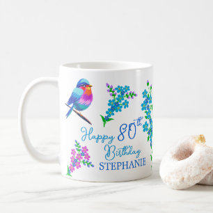 Blue Bird Forget Me Not Floral 80th Birthday Coffee Mug