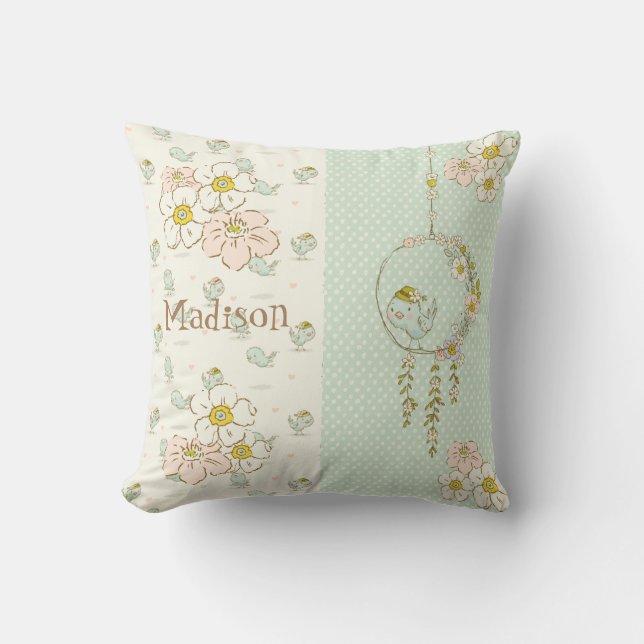Blue Bird Girl Floral Rustic Name Nursery Throw Pillow (Front)